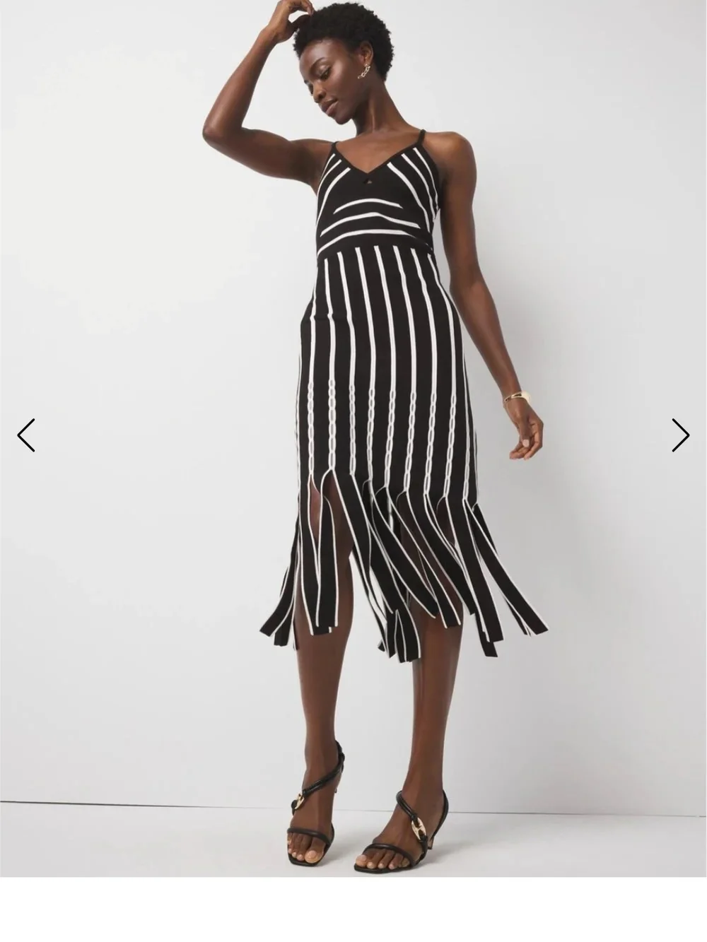 White House Black Market Black and White Striped Fringe Midi Dress - Picture 2 of 6
